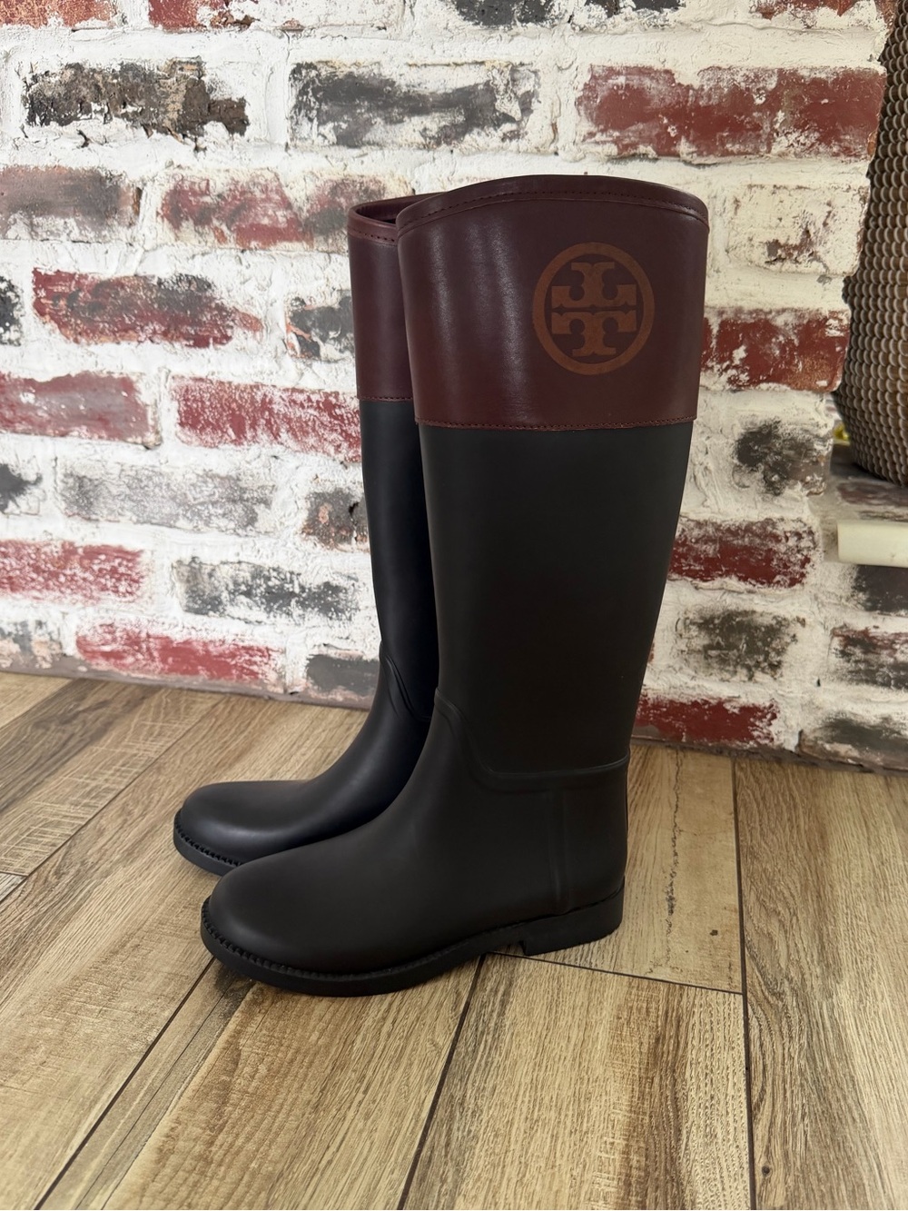 Tory Burch Black and Burgundy Tall Rain Riding Boots